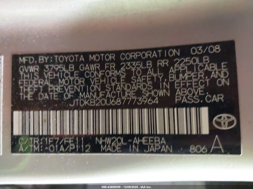 2008 Toyota Prius VIN: JTDKB20U687773964 Lot: 43889399