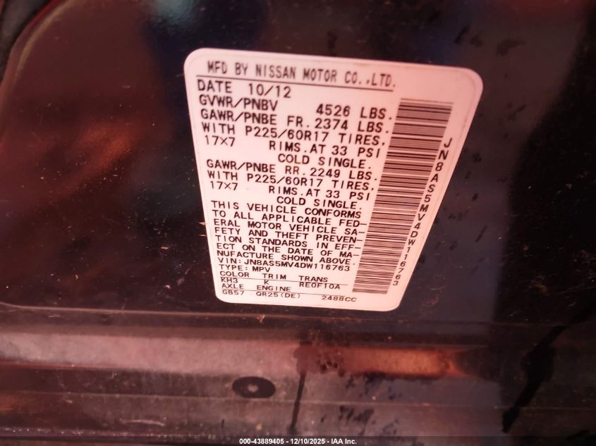 2013 Nissan Rogue Sv VIN: JN8AS5MV4DW116763 Lot: 43889405