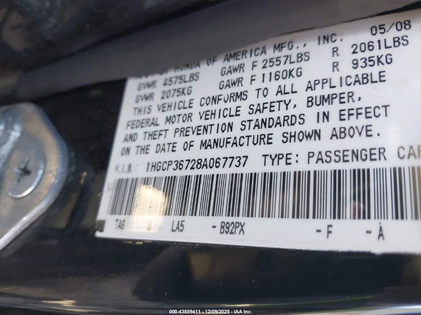 2008 Honda Accord 3.5 Ex VIN: 1HGCP36728A067737 Lot: 43889411