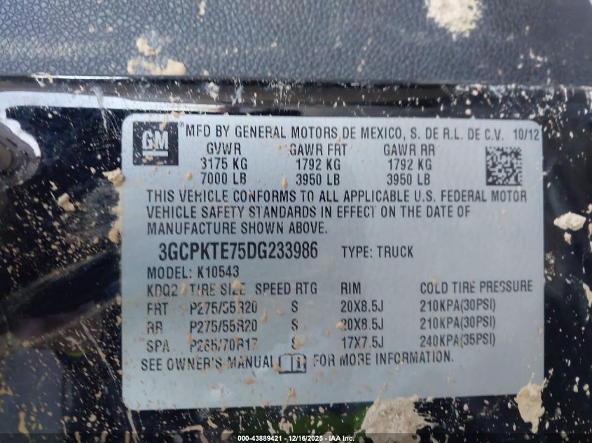 2013 Chevrolet Silverado 1500 Ltz VIN: 3GCPKTE75DG233986 Lot: 43889421