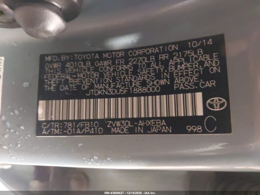 2015 Toyota Prius Two VIN: JTDKN3DU5F1888000 Lot: 43889427