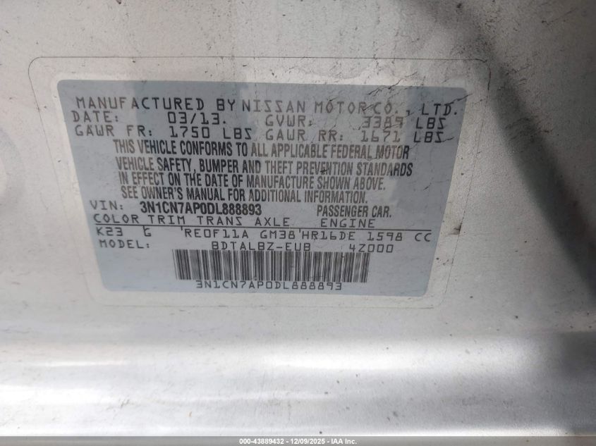 2013 Nissan Versa 1.6 Sv VIN: 3N1CN7AP0DL888893 Lot: 43889432