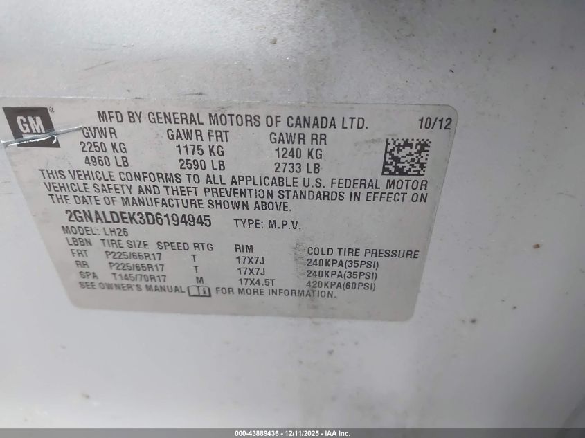 2013 Chevrolet Equinox 1Lt VIN: 2GNALDEK3D6194945 Lot: 43889436