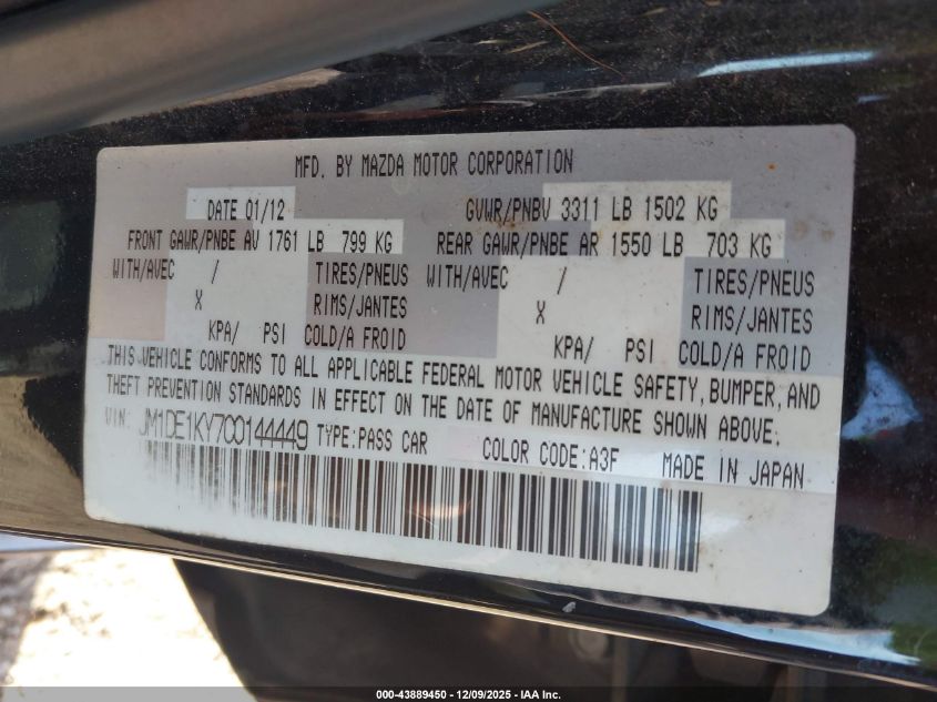 2012 Mazda Mazda2 Sport VIN: JM1DE1KY7C0144449 Lot: 43889450