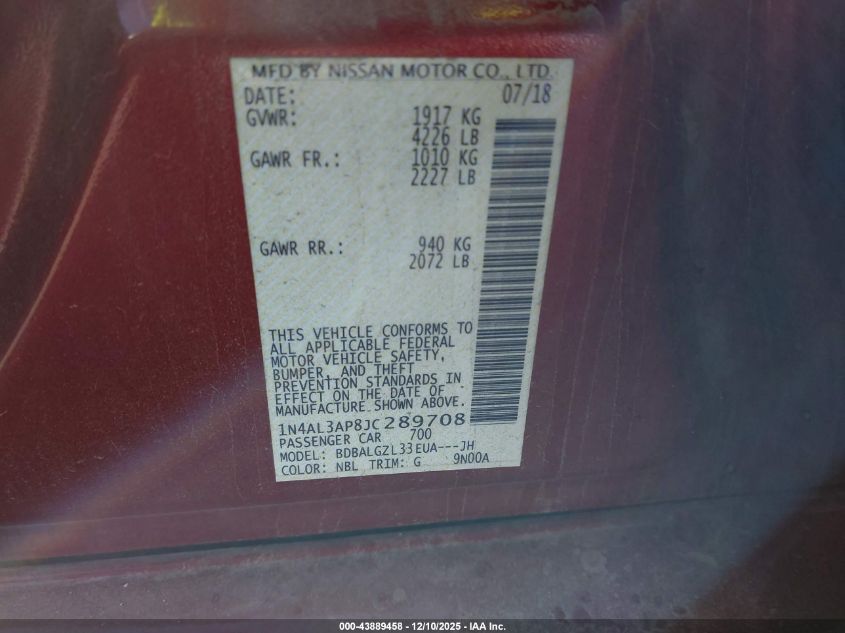 2018 Nissan Altima 2.5 S VIN: 1N4AL3AP8JC289708 Lot: 43889458