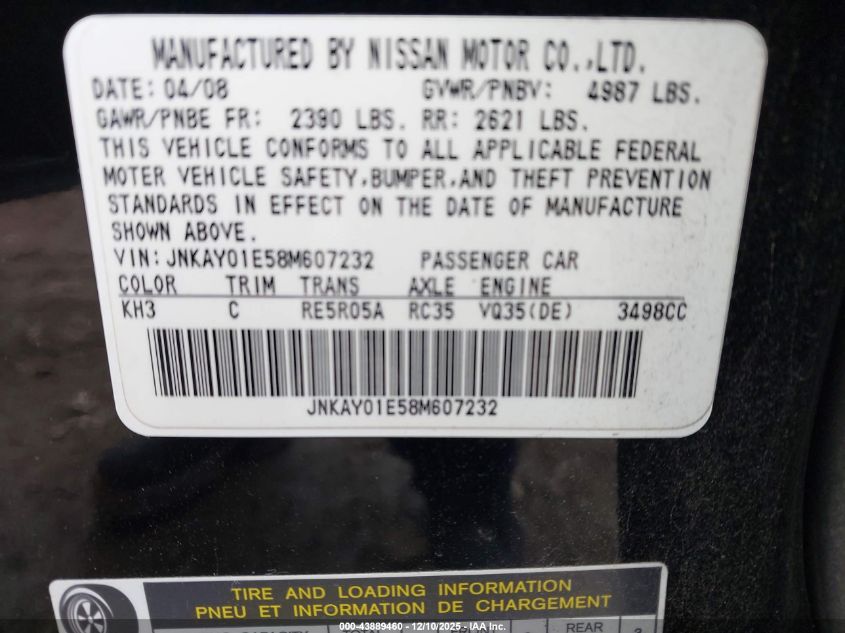 2008 Infiniti M35 VIN: JNKAY01E58M607232 Lot: 43889460