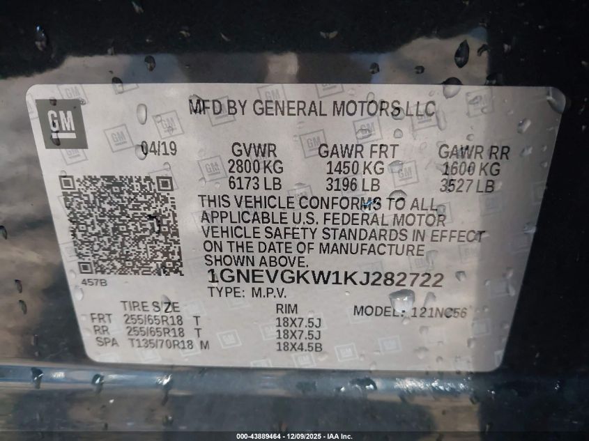 2019 Chevrolet Traverse 1Lt VIN: 1GNEVGKW1KJ282722 Lot: 43889464