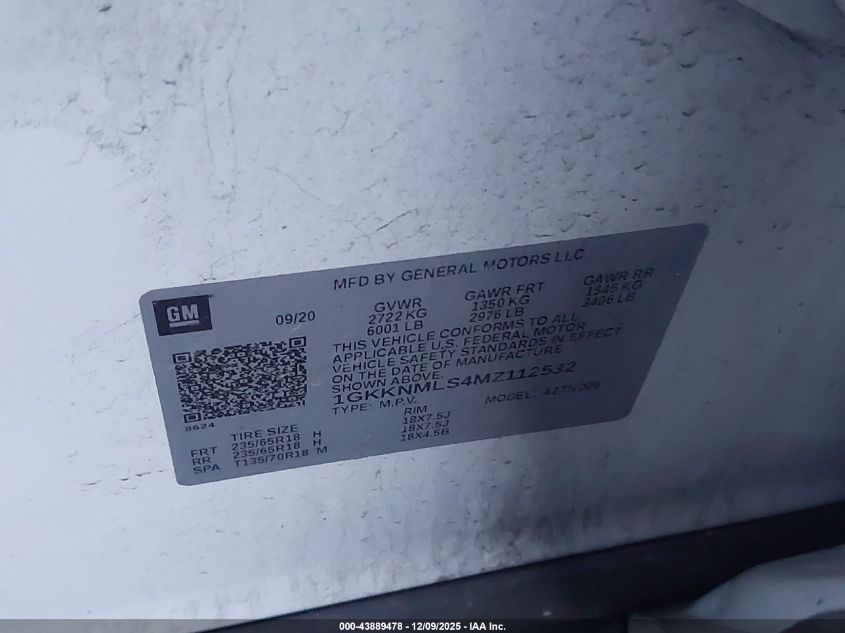 2021 GMC Acadia Fwd Slt VIN: 1GKKNMLS4MZ112532 Lot: 43889478