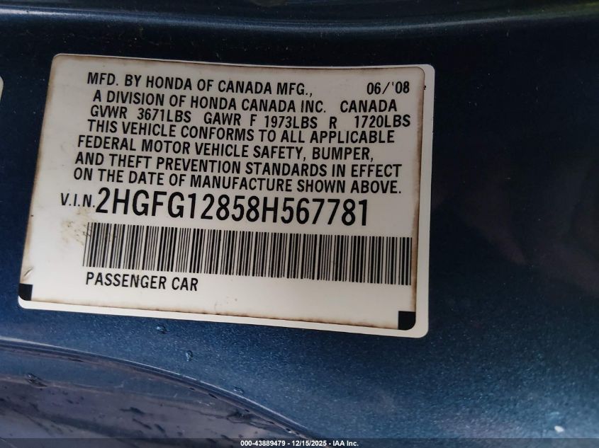 2008 Honda Civic Ex VIN: 2HGFG12858H567781 Lot: 43889479