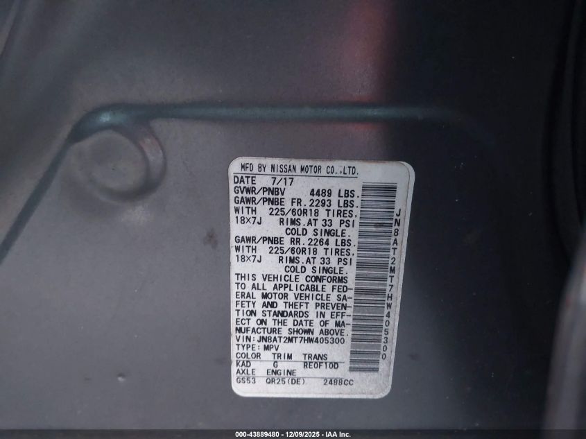 2017 Nissan Rogue Sl VIN: JN8AT2MT7HW405300 Lot: 43889480