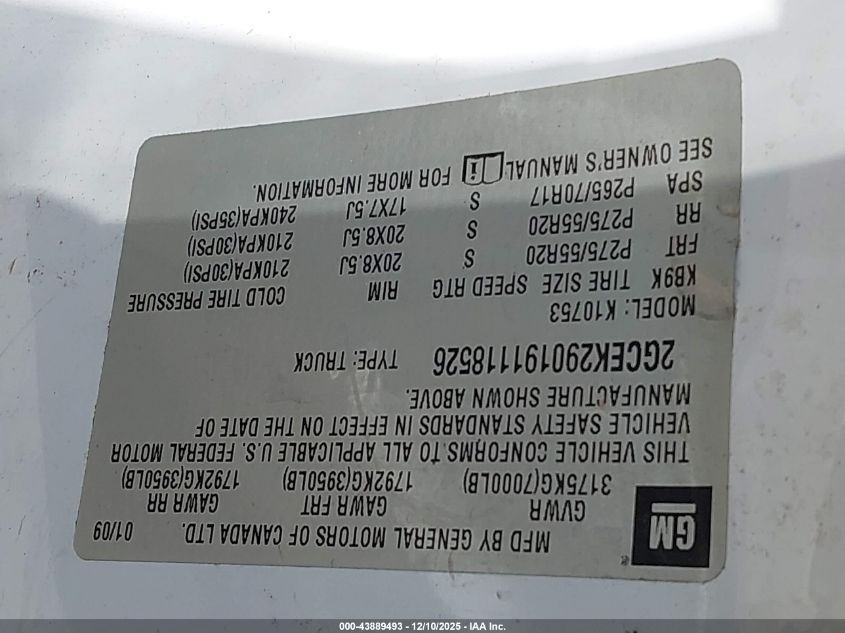 2009 Chevrolet Silverado 1500 Lt VIN: 2GCEK290191118526 Lot: 43889493