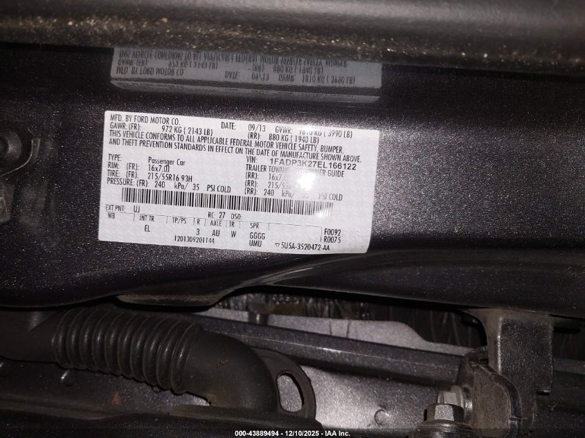 2014 Ford Focus Se VIN: 1FADP3K27EL166122 Lot: 43889494