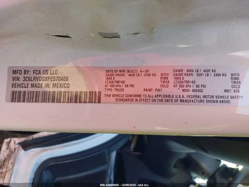 2023 Ram Promaster 2500 High Roof 159 Wb VIN: 3C6LRVDG8PE570408 Lot: 43889495