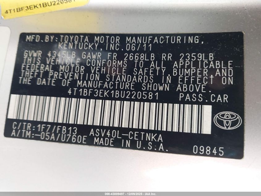 2011 Toyota Camry Le VIN: 4T1BF3EK1BU220581 Lot: 43889497