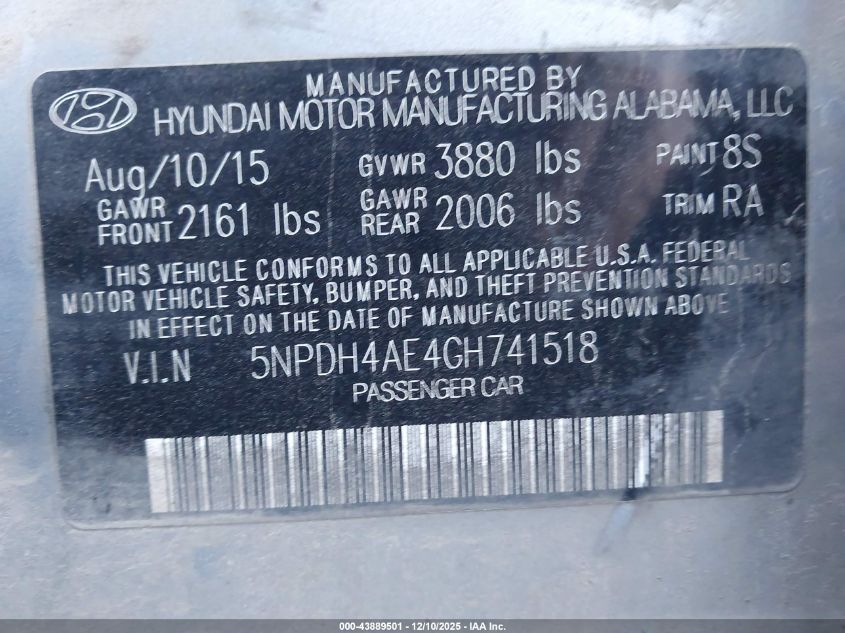 2016 Hyundai Elantra Se VIN: 5NPDH4AE4GH741518 Lot: 43889501