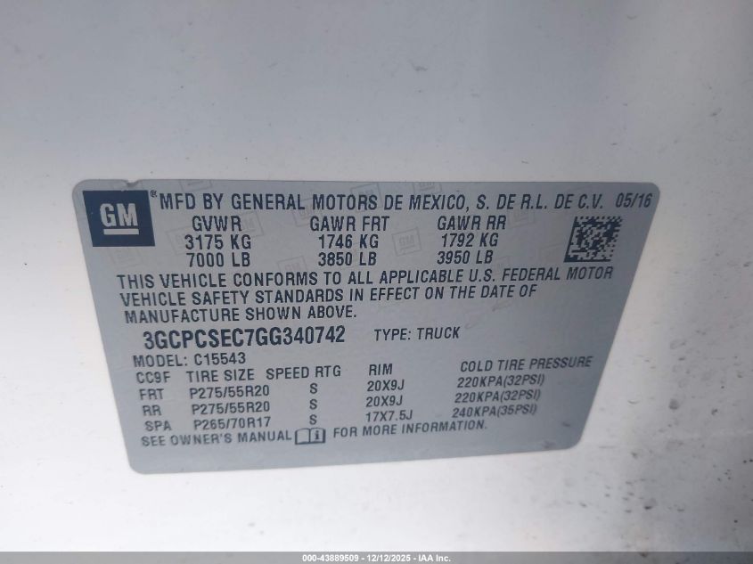 2016 Chevrolet Silverado 1500 1Lz VIN: 3GCPCSEC7GG340742 Lot: 43889509