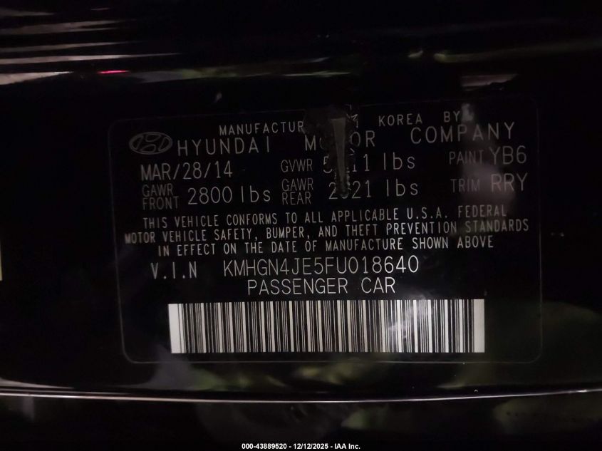 2015 Hyundai Genesis 3.8 VIN: KMHGN4JE5FU018640 Lot: 43889520