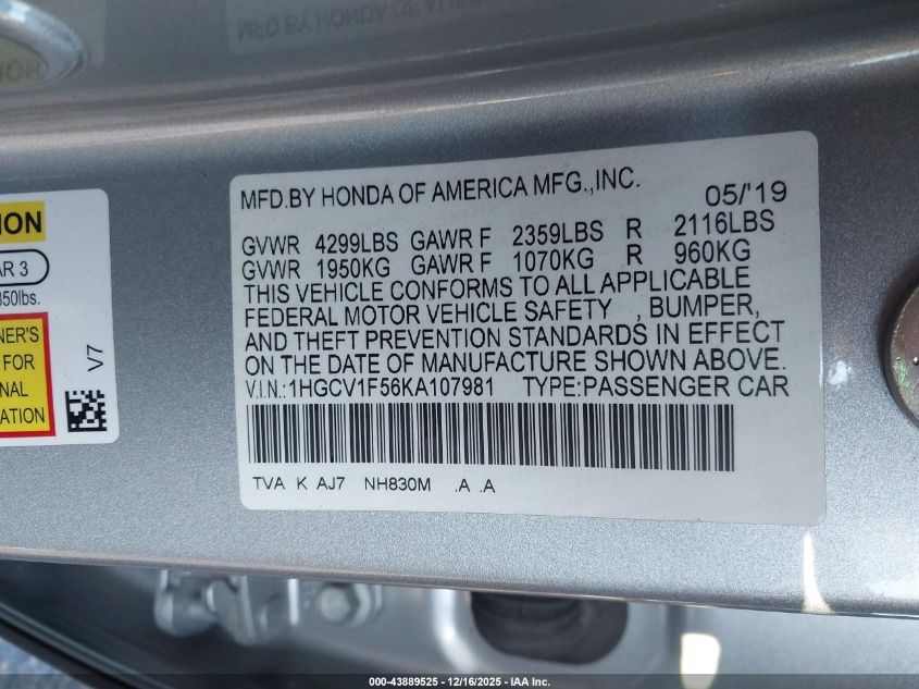 2019 Honda Accord Ex-L VIN: 1HGCV1F56KA107981 Lot: 43889525