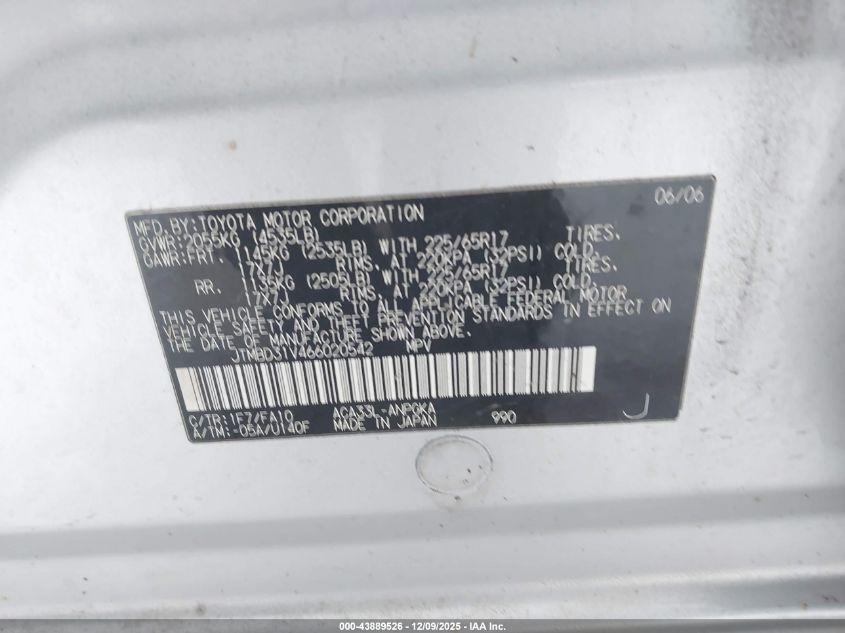 2006 Toyota Rav4 Limited VIN: JTMBD31V466020542 Lot: 43889526