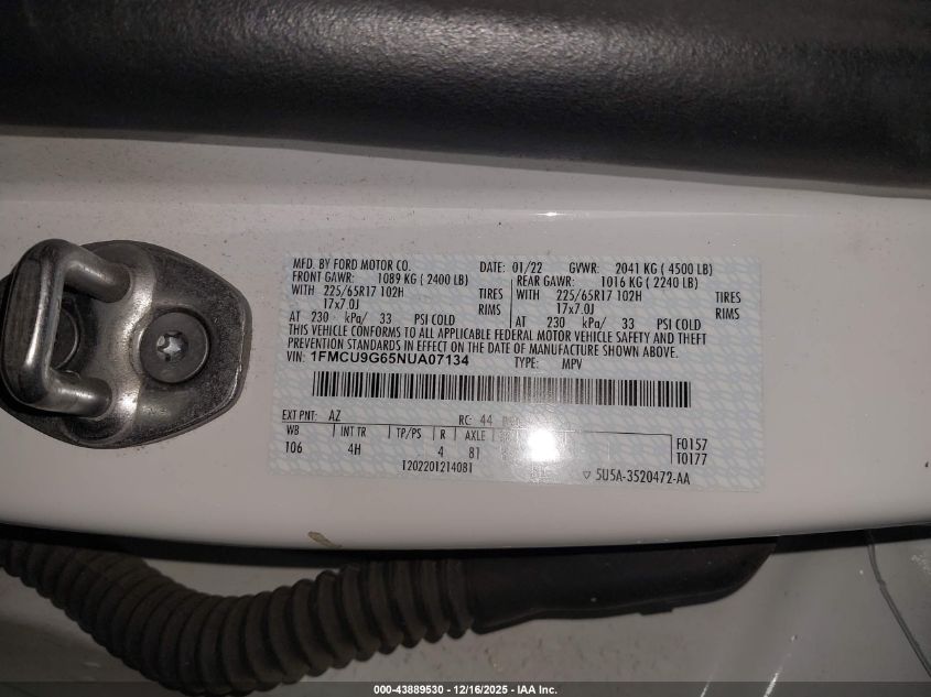 2022 Ford Escape Se VIN: 1FMCU9G65NUA07134 Lot: 43889530