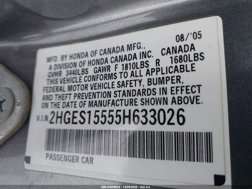 2005 Honda Civic Lx VIN: 2HGES15555H633026 Lot: 43889534