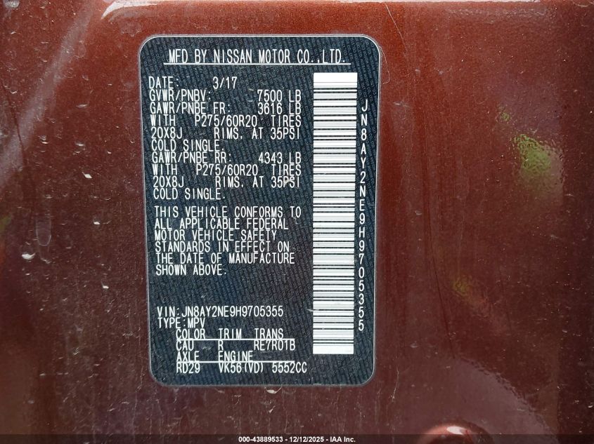 2017 Nissan Armada Platinum VIN: JN8AY2NE9H9705355 Lot: 43889533