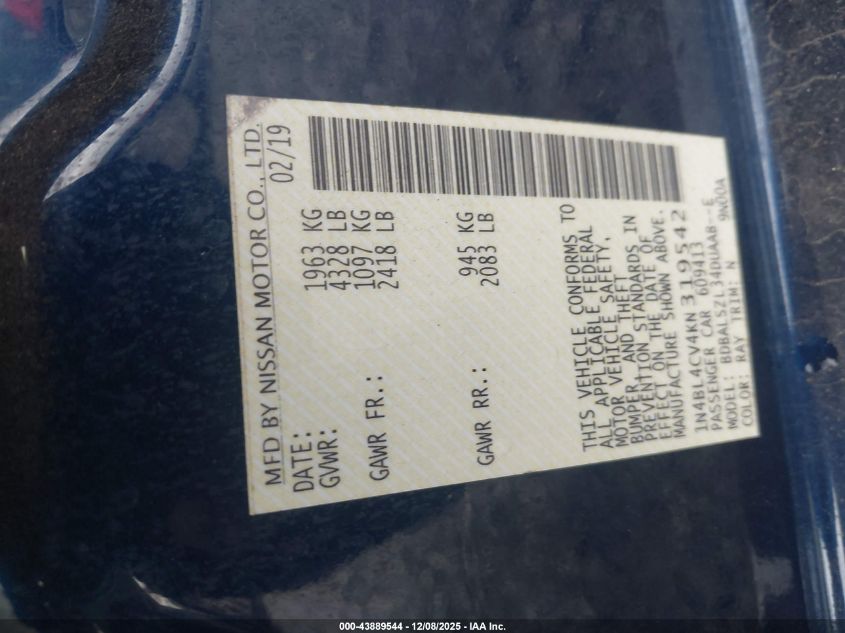 2019 Nissan Altima 2.5 Sr VIN: 1N4BL4CV4KN319542 Lot: 43889544