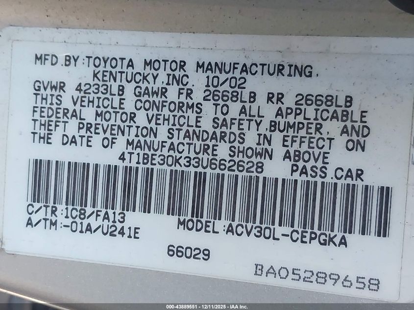 2003 Toyota Camry Le/Xle/Se VIN: 4T1BE30K33U662628 Lot: 43889551