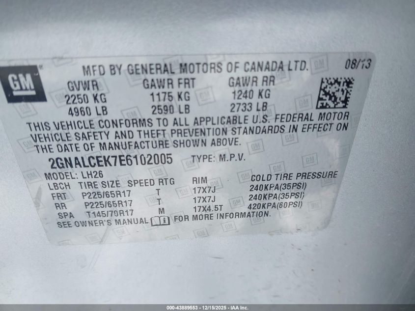 2014 Chevrolet Equinox 2Lt VIN: 2GNALCEK7E6102005 Lot: 43889553