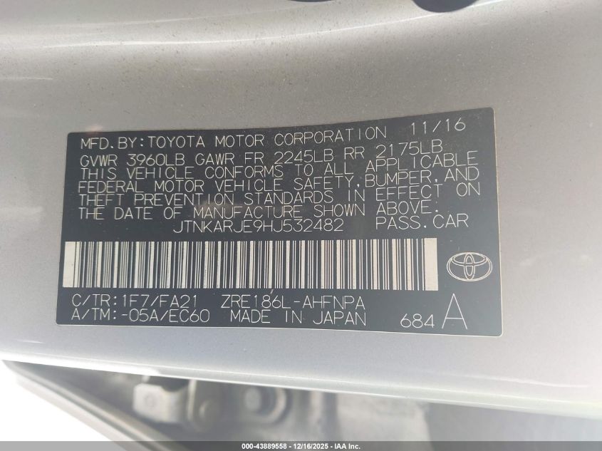 2017 Toyota Corolla Im VIN: JTNKARJE9HJ532482 Lot: 43889558