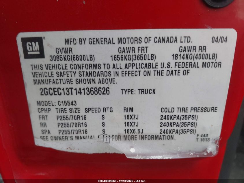 2004 Chevrolet Silverado 1500 Ls VIN: 2GCEC13T141368626 Lot: 43889560