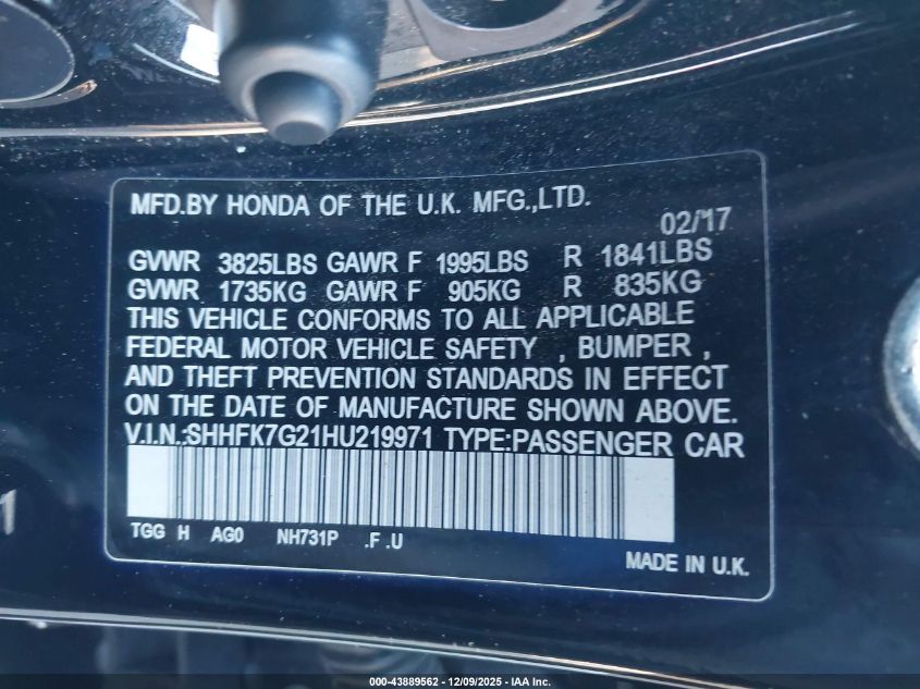 2017 Honda Civic Lx VIN: SHHFK7G21HU219971 Lot: 43889562