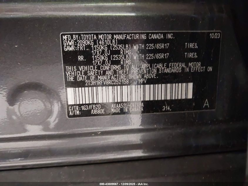 2024 Toyota Rav4 Le VIN: 2T3H1RFV8RC252158 Lot: 43889567