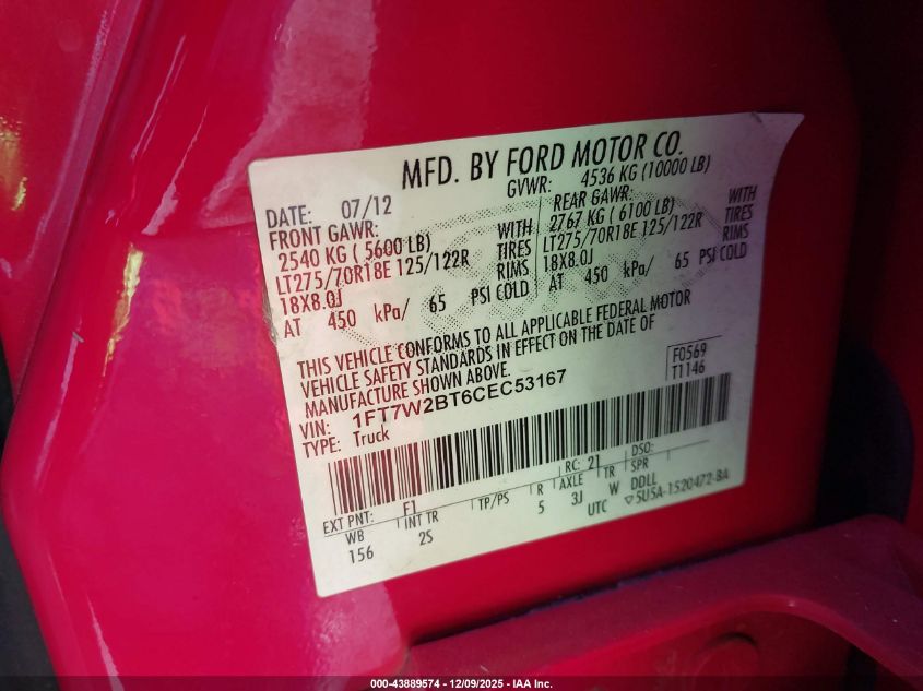 2012 Ford F-250 Xlt VIN: 1FT7W2BT6CEC53167 Lot: 43889574