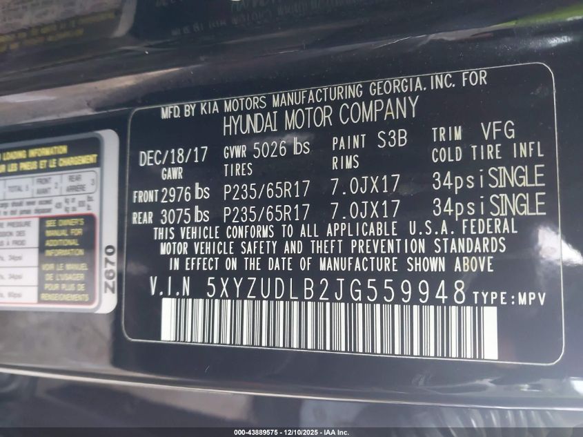 2018 Hyundai Santa Fe Sport 2.4L VIN: 5XYZUDLB2JG559948 Lot: 43889575