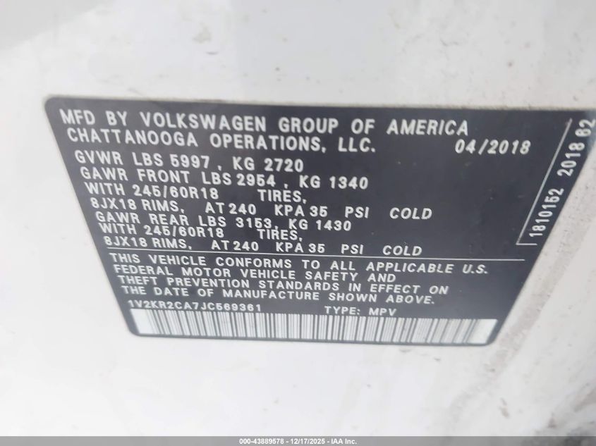 2018 Volkswagen Atlas 3.6L V6 Se VIN: 1V2KR2CA7JC569361 Lot: 43889578