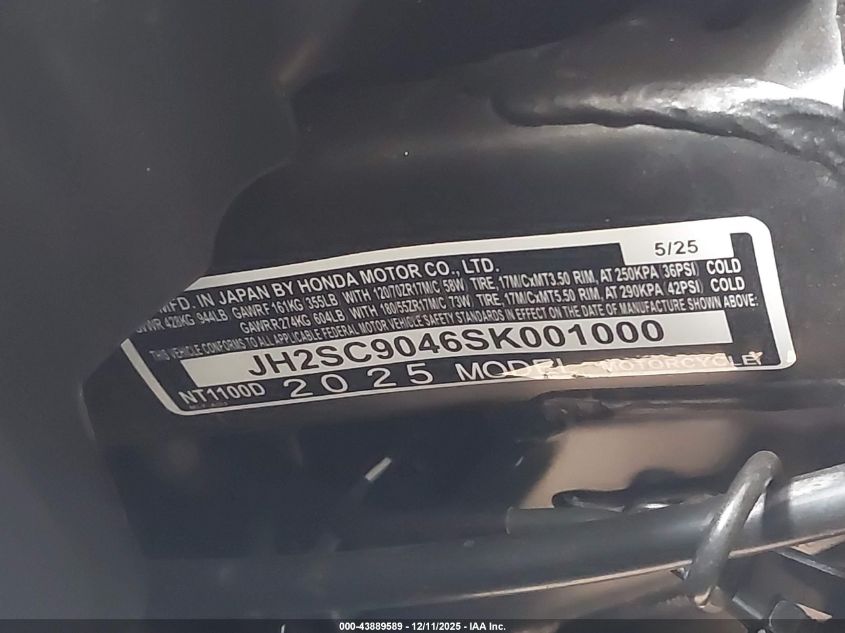 2025 Honda Nt1100 D VIN: JH2SC9046SK001000 Lot: 43889589