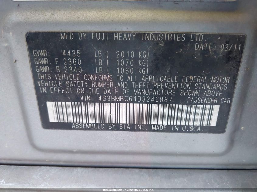 2011 Subaru Legacy 2.5I Premium VIN: 4S3BMBC61B3246887 Lot: 43889591