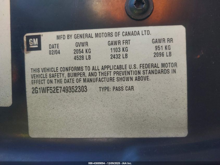 2004 Chevrolet Impala VIN: 2G1WF52E749352303 Lot: 43889594