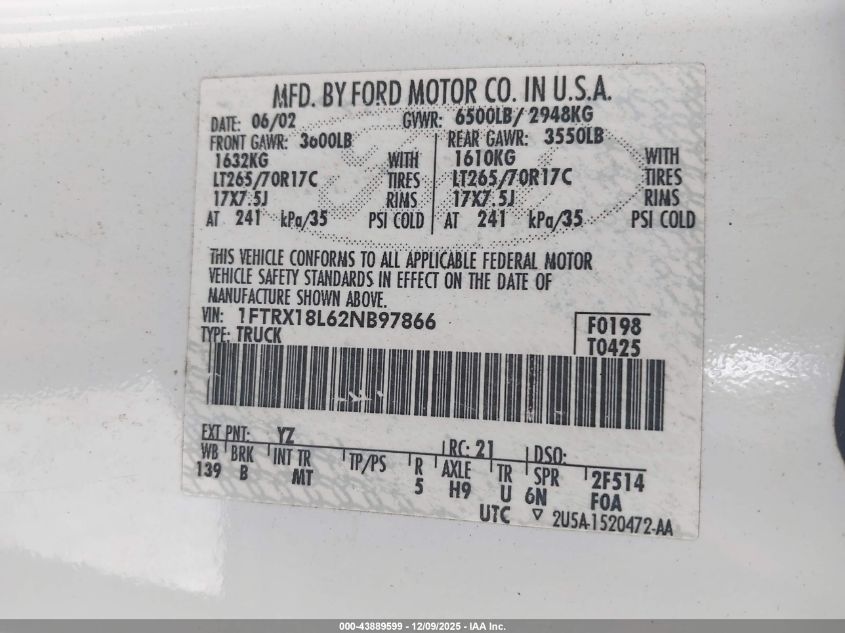 2002 Ford F-150 Lariat/Xl/Xlt VIN: 1FTRX18L62NB97866 Lot: 43889599