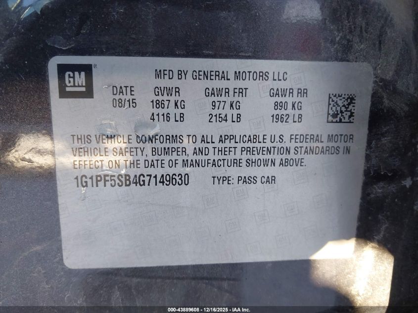 2016 Chevrolet Cruze Limited 2Lt Auto VIN: 1G1PF5SB4G7149630 Lot: 43889608