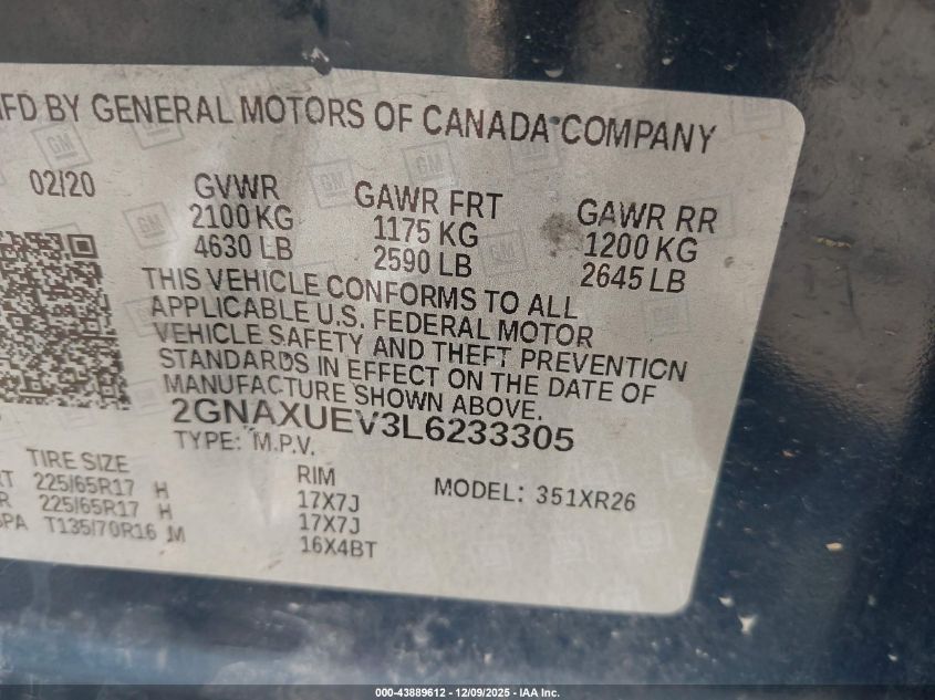 2020 Chevrolet Equinox Awd Lt 1.5L Turbo VIN: 2GNAXUEV3L6233305 Lot: 43889612