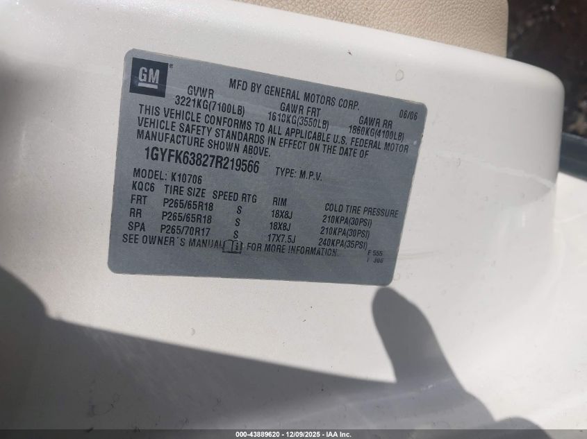 2007 Cadillac Escalade Standard VIN: 1GYFK63827R219566 Lot: 43889620
