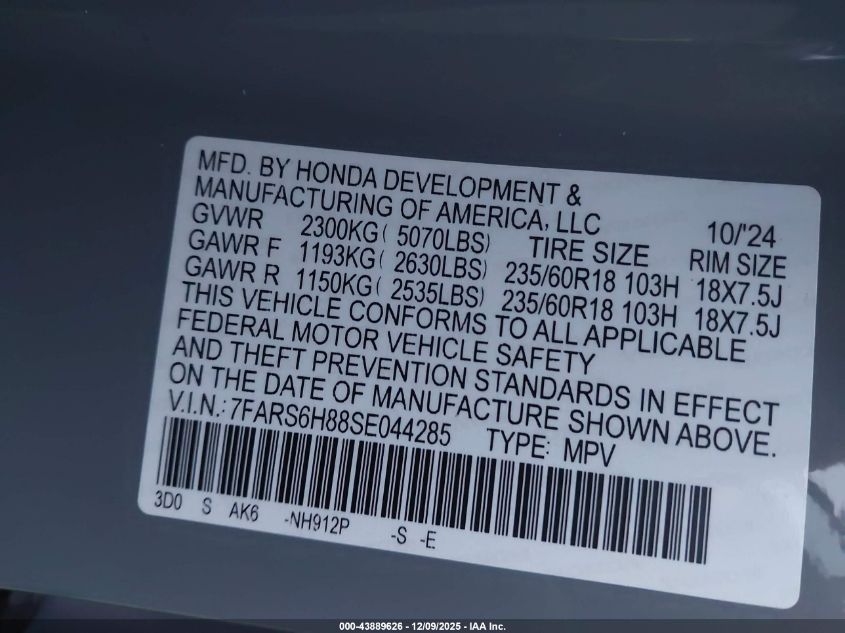2025 Honda Cr-V Hybrid Sport-L VIN: 7FARS6H88SE044285 Lot: 43889626