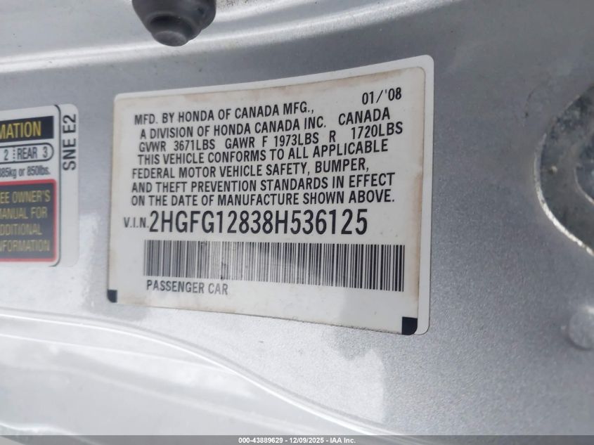 2008 Honda Civic Ex VIN: 2HGFG12838H536125 Lot: 43889629