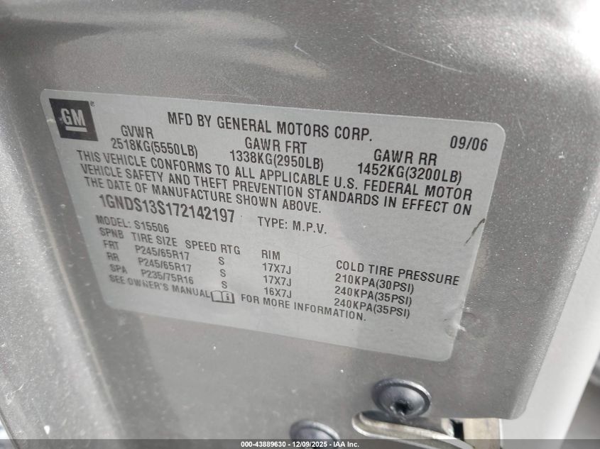 2007 Chevrolet Trailblazer Ls VIN: 1GNDS13S172142197 Lot: 43889630