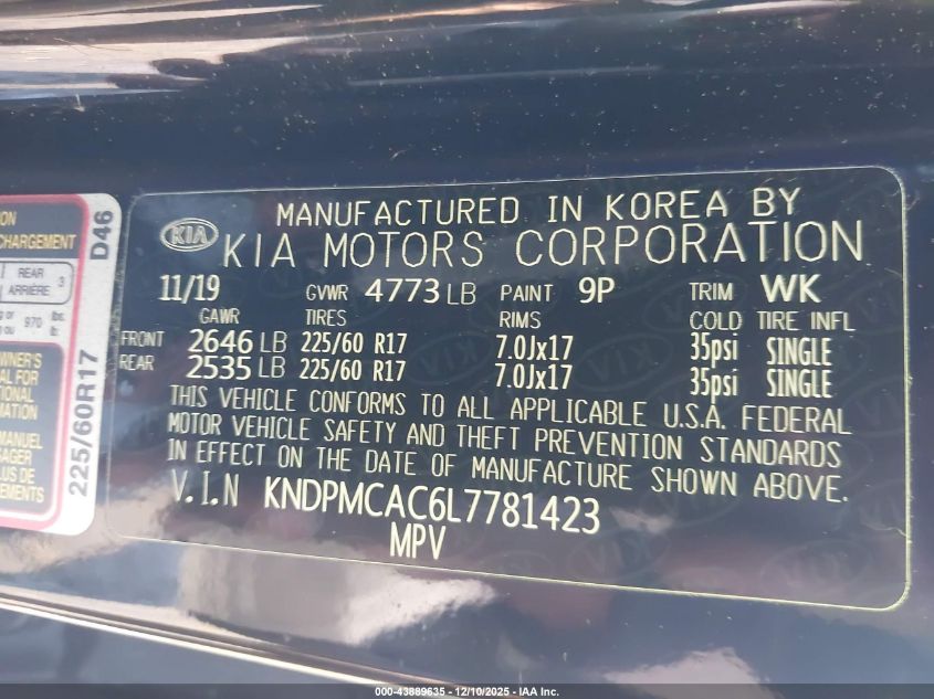 2020 Kia Sportage Lx VIN: KNDPMCAC6L7781423 Lot: 43889635