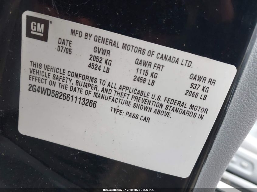 2006 Buick Lacrosse Cxl VIN: 2G4WD582661113266 Lot: 43889637