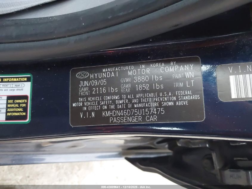 2005 Hyundai Elantra Gls/Gt VIN: KMHDN46D75U157475 Lot: 43889641