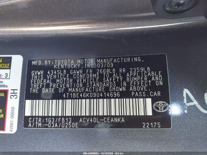 2009 Toyota Camry Le VIN: 4T1BE46K09U414696 Lot: 43889653